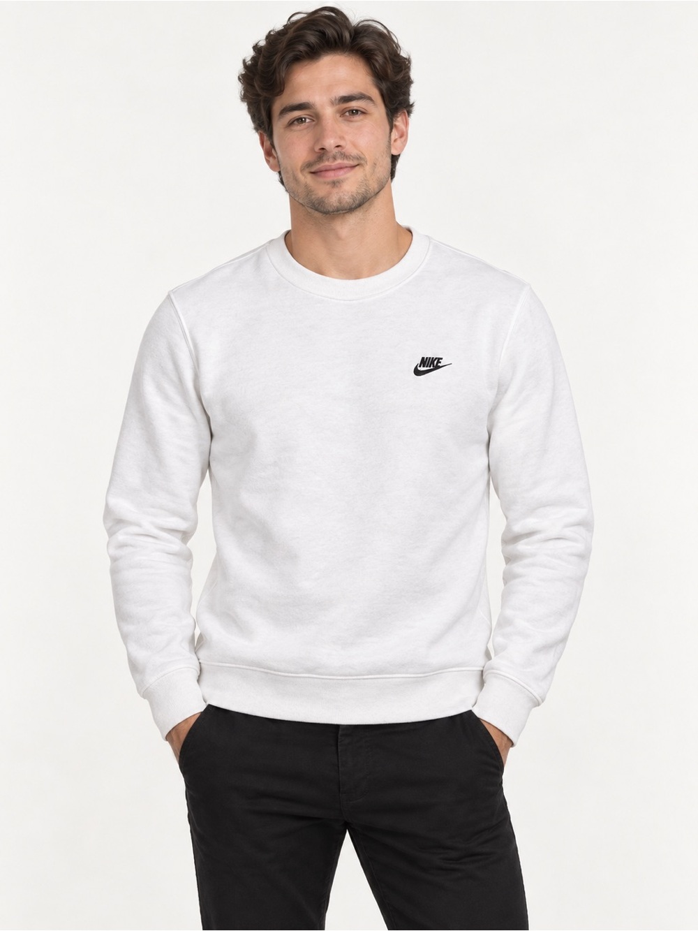 Nike Men’s White Crewneck Sweatshirt with Black Swoosh